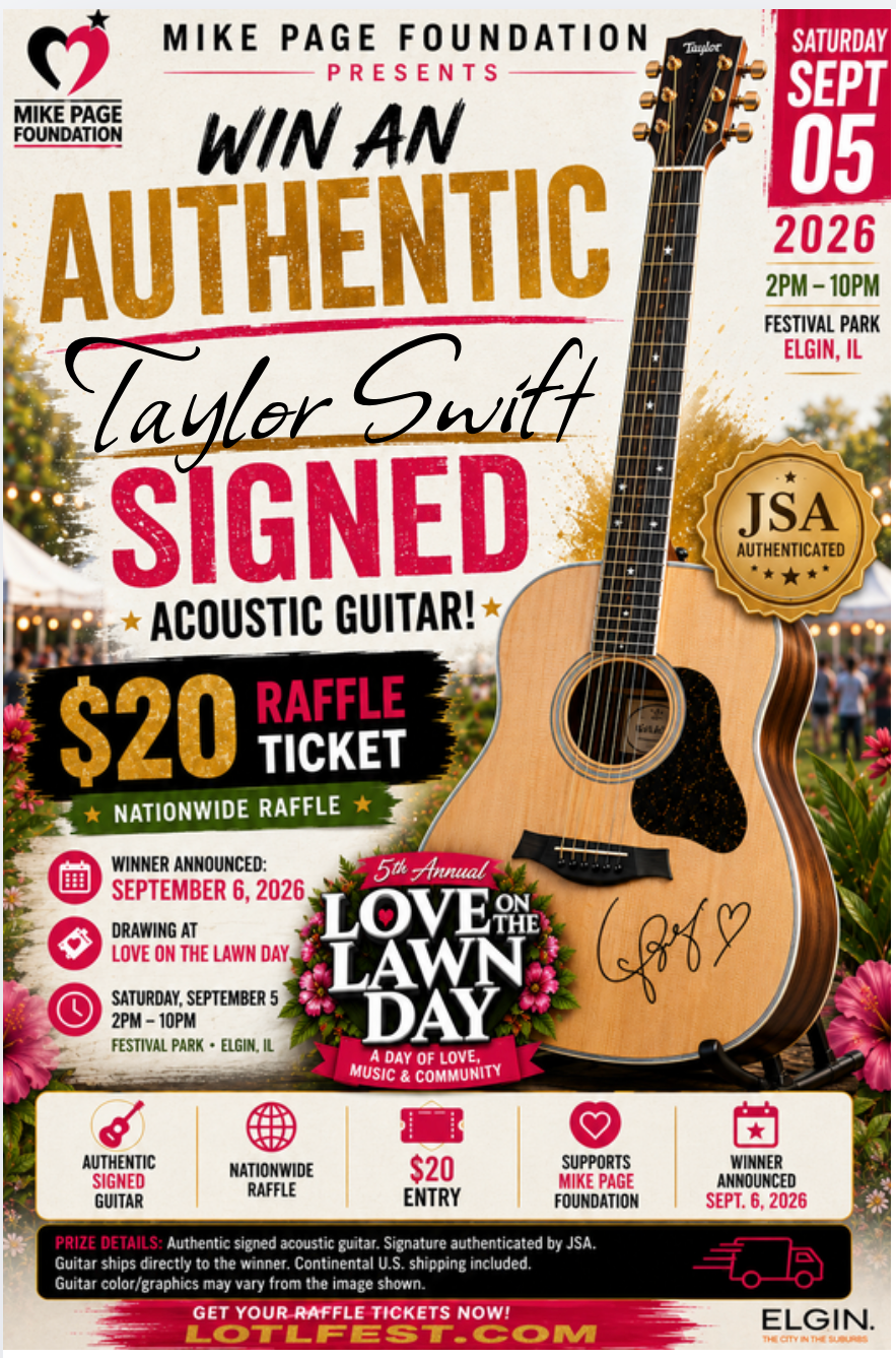Win an Authentic Taylor Swift Signed Acoustic Guitar · $20 Raffle · Love on the Lawn Day 2026
