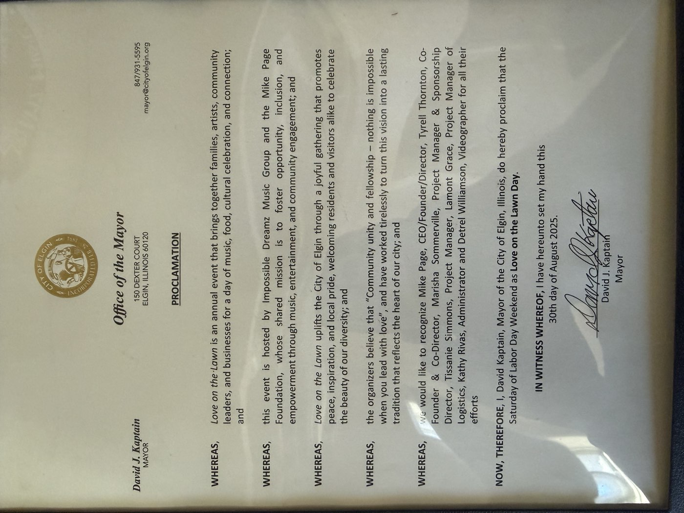 Official Proclamation - Love on the Lawn Day declared by Mayor David J. Kaptain, City of Elgin, Illinois
